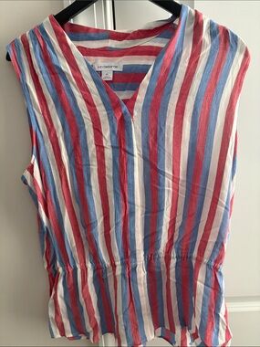 Liz Claiborne Red, Blue & White Striped Sleeveless V-Neck Peplum Top
